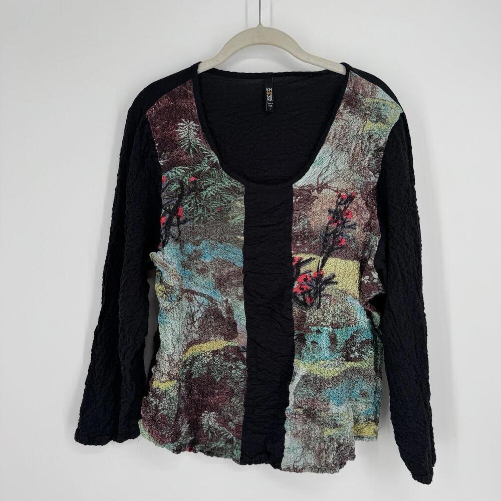 khangura top shirt womens large L black artsy crinkle blouse long sleeve office